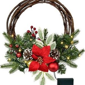 DOMMIO Veniec prútený s červenou poinsettiou 10× LED, 30 cm, umelé kvety na hrob, umele kvety na hrob, umelé kvety na hroby, lacne umele kvety na hrob, umele kytice na hrob, umele kytice na hroby, umelé ikebany na hrob, umele ikebany na hroby, umele ikebany na hrob, kvety na hrob umele, kytice na hroby umele