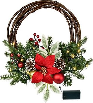 DOMMIO Veniec prútený s červenou poinsettiou 10× LED, 30 cm, umelé kvety na hrob, umele kvety na hrob, umelé kvety na hroby, lacne umele kvety na hrob, umele kytice na hrob, umele kytice na hroby, umelé ikebany na hrob, umele ikebany na hroby, umele ikebany na hrob, kvety na hrob umele, kytice na hroby umele