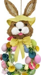 DOMMIO Veľkonočná dekorácia – Veniec so zajacom a vajíčkami, žltý, 57 × 25 cm, umelé kvety na hrob, umele kvety na hrob, umelé kvety na hroby, lacne umele kvety na hrob, umele kytice na hrob, umele kytice na hroby, umelé ikebany na hrob, umele ikebany na hroby, umele ikebany na hrob, kvety na hrob umele, kytice na hroby umele