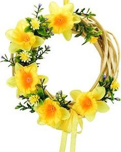DOMMIO Veľkonočná dekorácia – Prútený venček s narcismi, žltý, 20 cm, umelé kvety na hrob, umele kvety na hrob, umelé kvety na hroby, lacne umele kvety na hrob, umele kytice na hrob, umele kytice na hroby, umelé ikebany na hrob, umele ikebany na hroby, umele ikebany na hrob, kvety na hrob umele, kytice na hroby umele