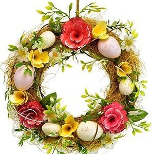 DOMMIO Veľkonočná dekorácia – Jarný veniec s vajíčkami a kvietkami, priemer 25 cm, umelé kvety na hrob, umele kvety na hrob, umelé kvety na hroby, lacne umele kvety na hrob, umele kytice na hrob, umele kytice na hroby, umelé ikebany na hrob, umele ikebany na hroby, umele ikebany na hrob, kvety na hrob umele, kytice na hroby umele