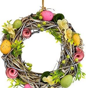 DOMMIO Veľkonočná dekorácia – Slamový veniec s vajíčkami a s kvietkami, priemer 30 cm, umelé kvety na hrob, umele kvety na hrob, umelé kvety na hroby, lacne umele kvety na hrob, umele kytice na hrob, umele kytice na hroby, umelé ikebany na hrob, umele ikebany na hroby, umele ikebany na hrob, kvety na hrob umele, kytice na hroby umele