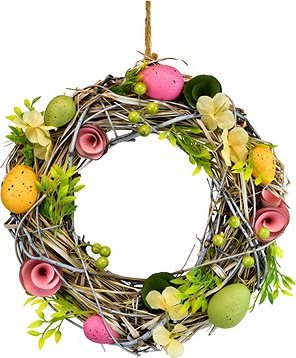 DOMMIO Veľkonočná dekorácia – Slamový veniec s vajíčkami a s kvietkami, priemer 30 cm, umelé kvety na hrob, umele kvety na hrob, umelé kvety na hroby, lacne umele kvety na hrob, umele kytice na hrob, umele kytice na hroby, umelé ikebany na hrob, umele ikebany na hroby, umele ikebany na hrob, kvety na hrob umele, kytice na hroby umele