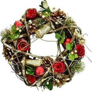 DOMMIO Vianočný veniec – prútený s červenými kvietkami a šiškami, 25 cm, umelé kvety na hrob, umele kvety na hrob, umelé kvety na hroby, lacne umele kvety na hrob, umele kytice na hrob, umele kytice na hroby, umelé ikebany na hrob, umele ikebany na hroby, umele ikebany na hrob, kvety na hrob umele, kytice na hroby umele