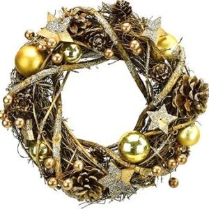 DOMMIO Vianočný veniec – prútený so zlatými guľôčkami, 24 cm, umelé kvety na hrob, umele kvety na hrob, umelé kvety na hroby, lacne umele kvety na hrob, umele kytice na hrob, umele kytice na hroby, umelé ikebany na hrob, umele ikebany na hroby, umele ikebany na hrob, kvety na hrob umele, kytice na hroby umele