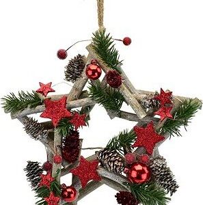 DOMMIO Vianočný veniec – hviezda, drevená s červenou dekoráciou 25 × 25 cm, umelé kvety na hrob, umele kvety na hrob, umelé kvety na hroby, lacne umele kvety na hrob, umele kytice na hrob, umele kytice na hroby, umelé ikebany na hrob, umele ikebany na hroby, umele ikebany na hrob, kvety na hrob umele, kytice na hroby umele